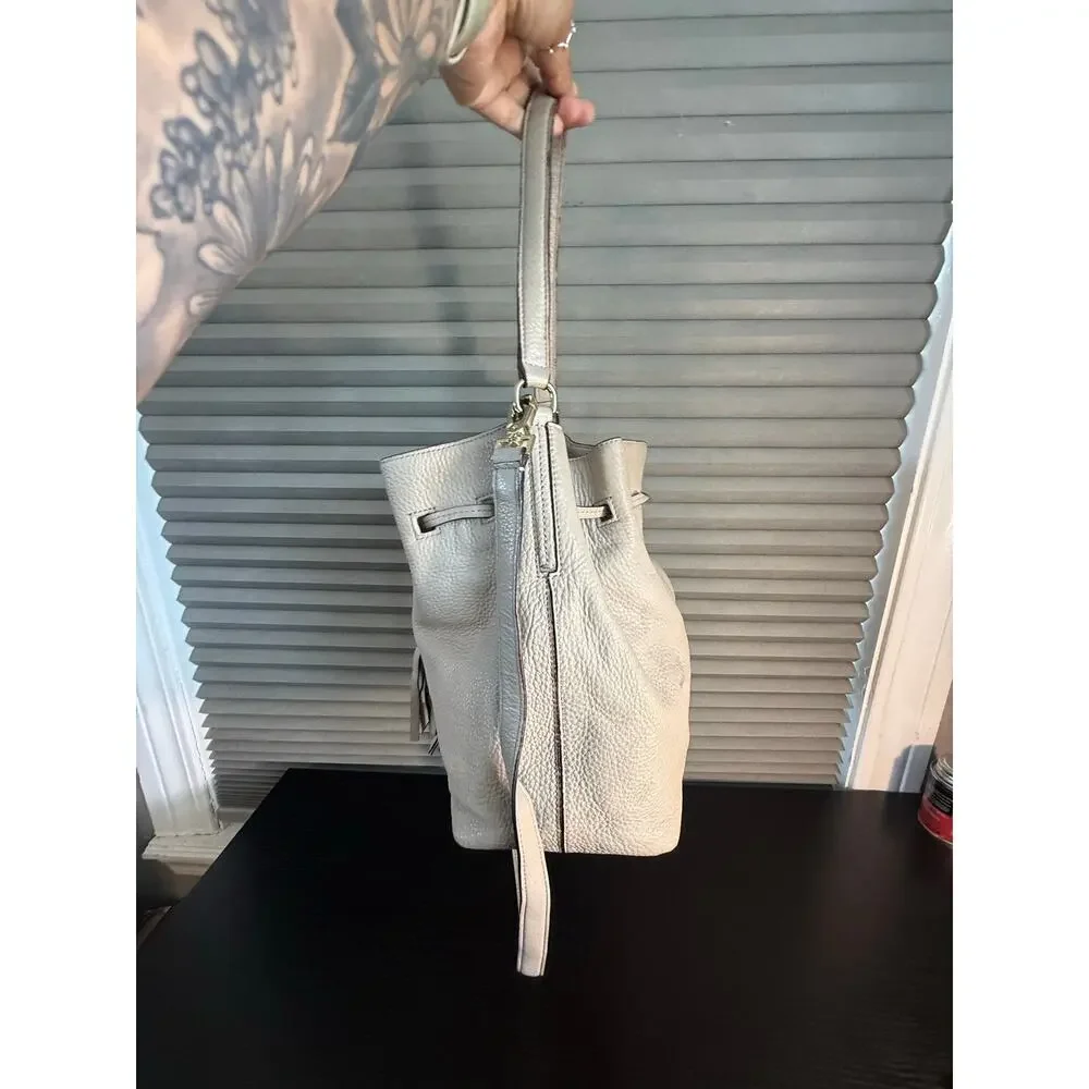 Kate Spade Gray Pebbled Leather Bucket Bag Tassel Crossbody Shoulder Handbag